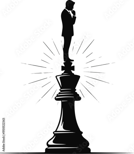 A silhouette of a businessman standing on a large chess piece