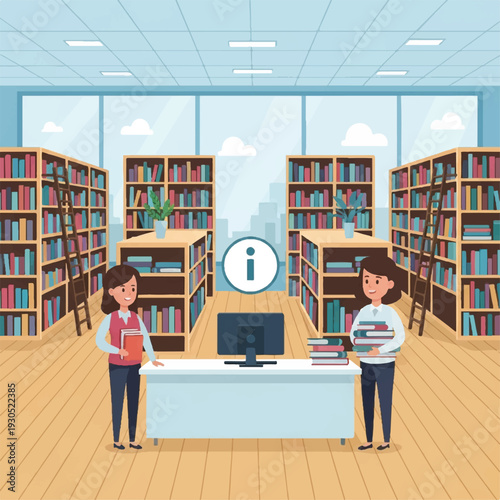 Two Librarians at a Front Desk in a Bright Library Reading Room.