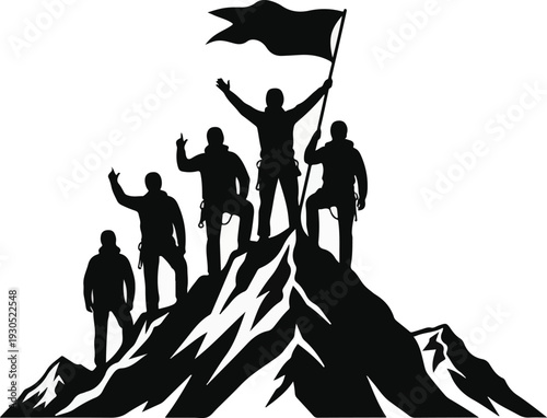 A group of people standing on top of a mountain with a flag