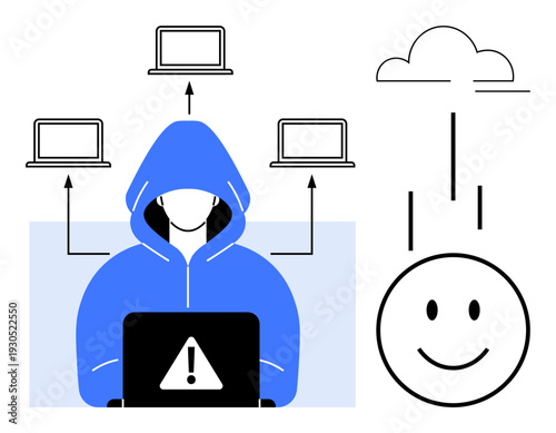 Cybersecurity concept. Cybersecurity through a hacker with a warning alert, cloud computing, and network connections. Cybersecurity ensures secure data and prevents breaches. For tech, IT, privacy