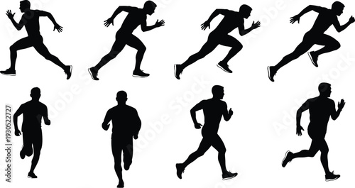 Collection of male runner silhouettes in motion, group of men sprinting and jogging for marathon and fitness