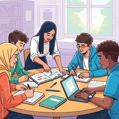 Group of diverse students collaborating around a round table for a classroom learning session.