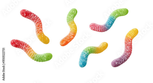 Falling Sour Gummy Worms PNG. Sweet neon sugar coated jelly candies floating isolated. Delicious bright fun chewy snack treat and cheerful dessert