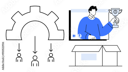 Abstract gear system distributing to people, leader celebrating success through virtual meeting holding trophy, delivery box. Ideal for teamwork, leadership, digital events, workflow, success