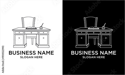 Elegant Vintage Desk and Chair with Open Book and Quill Pen Line Art.