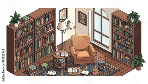 Cozy home library reading nook with warm lamp, plants and shelves.