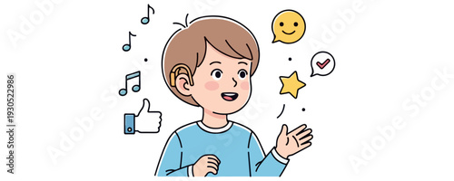 Concept Illustration of a Young Boy with a Hearing Aid Communicating and Listening to Music