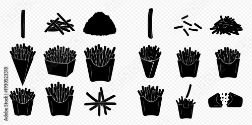 Set of black silhouettes of french fries in various stages and packaging.
