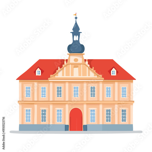Cartoon illustration of a grand historic building with a red roof