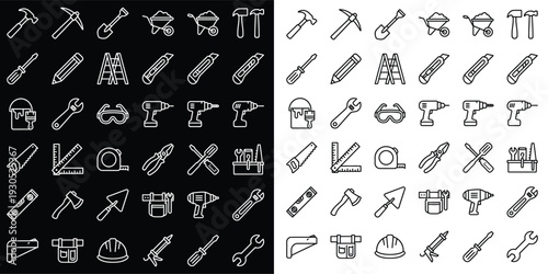 Construction and Hand Tools Line Icons Set – Flat Vector Square Format 