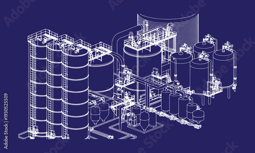 Petrochemical Industrial Complex Vector Line Art – Chemical Processing Factory with Storage Tank Farm and Pipeline Network, Oil and Gas Refinery Manufacturing Facility Black Outline Illustration Isola