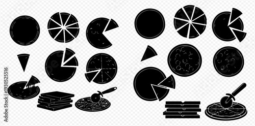 Set of pizza silhouettes, whole and sliced, with pizza boxes and cutter, vector illustration.