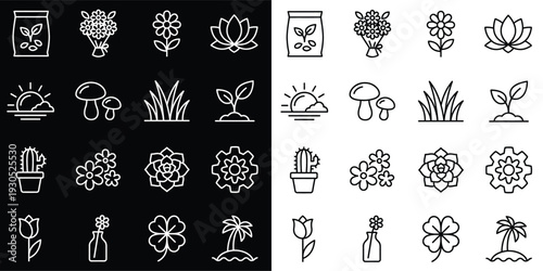 Flat Line Nature and Flower Icon Set – Minimal Outline Botanical Vector Collection 