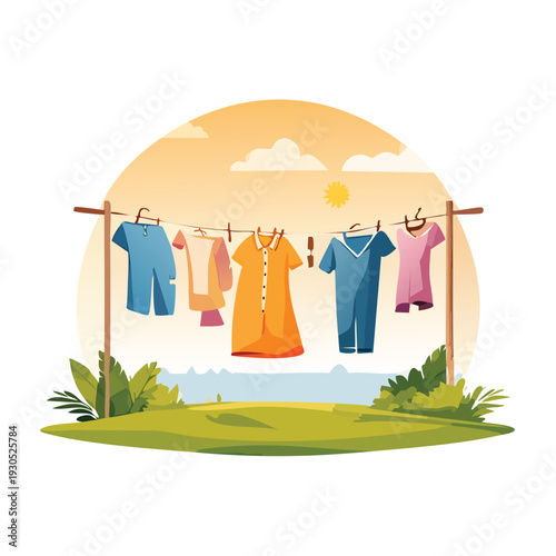Clothes drying on a clothesline in a sunny outdoor setting