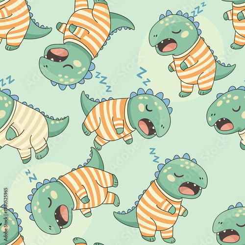 Cute cartoon dinosaurs napping in pajamas against a light green background, showcasing a delightful seamless design