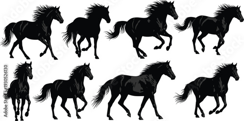 Black Horse Silhouettes Set, Running Wild Stallions in Gallop Motion, Vector Illustrations of Jumping Mustangs for Equestrian Sports and Nature Design.