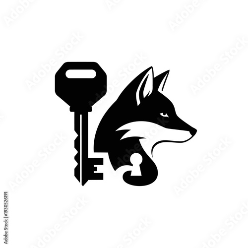 Black Fox Head Silhouette with Key and Keyhole, Security and Mystery Concept