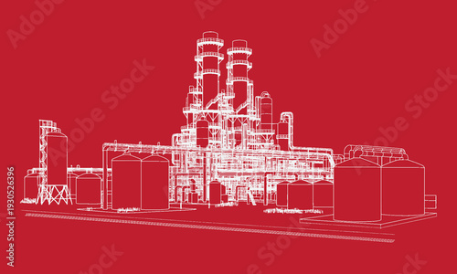 Petrochemical Industrial Complex Vector Line Art – Chemical Processing Factory with Storage Tank Farm and Pipeline Network, Oil and Gas Refinery Manufacturing Facility Black Outline Illustration Isola