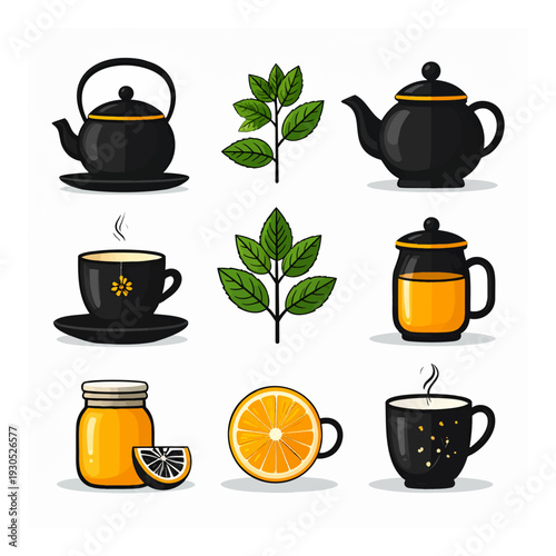 Tea Time Utensils and Ingredients.