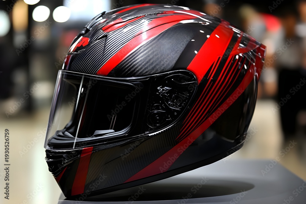 Fototapeta premium Red and black racing motorbike helmet with clear visor