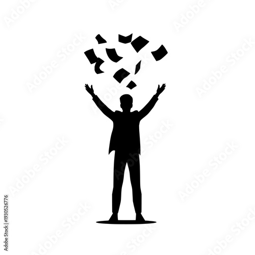 Illustration of a silhouette of a man throwing papers in the air in celebration