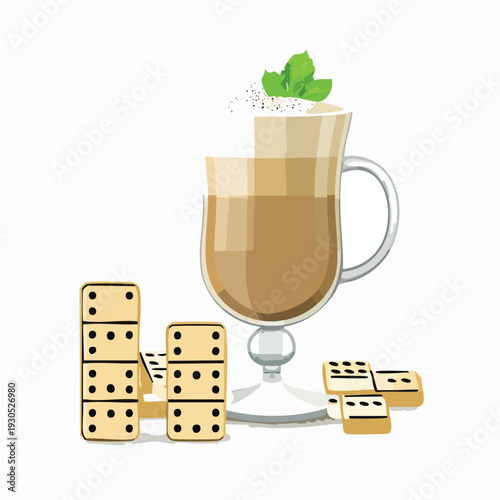 Coffee drink with whipped cream and dominoes arrangement