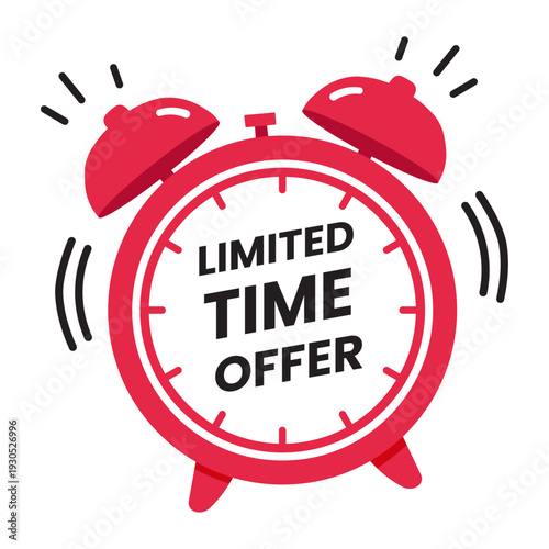 Red Alarm Clock Vector with Limited Time Offer Text Isolated on White Background