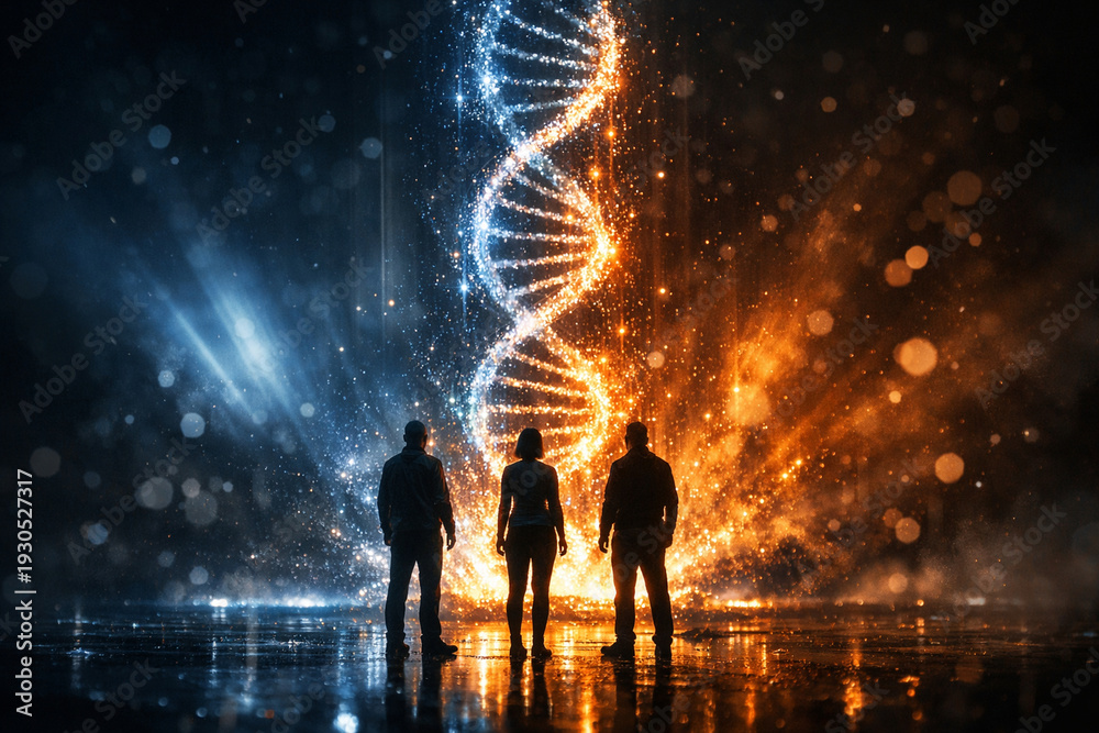 Fototapeta premium Glowing double helix of light divides cool blue and warm orange energy while three silhouetted people stand on reflective wet ground, awe and wonder in futuristic science scene