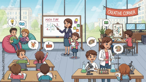 Diverse group of students and professionals collaborating in a bright open space classroom for a workshop and creative discussion.