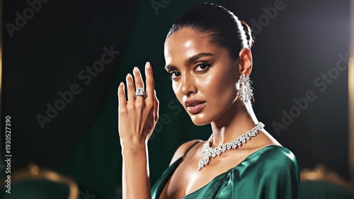 Elegant Woman Wearing Diamond Jewelry and Green Dress.