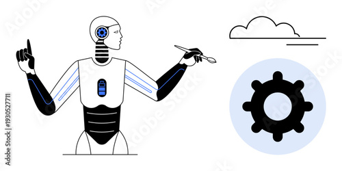 Artificial intelligence. Robotic figure with advanced AI and gear symbol technology and automation. Artificial intelligence powering innovation and future technology trends. Suitable for engineering