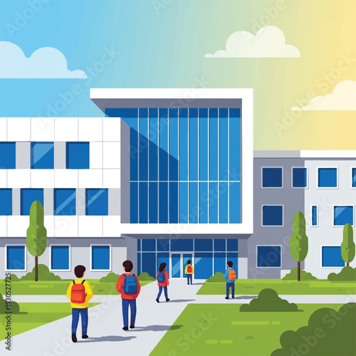 Modern campus buildings with glass facade, students walking along sunlit green lawn.