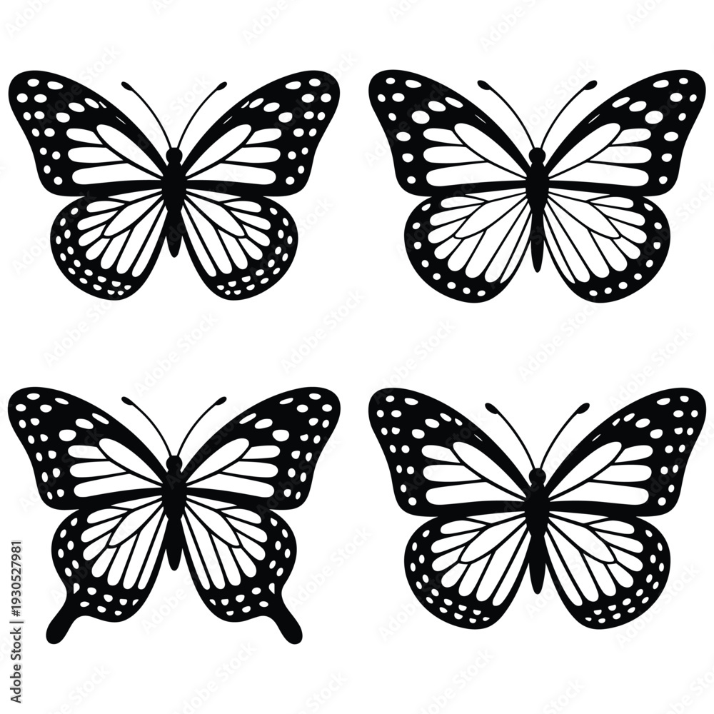 Fototapeta premium Four Black and White Butterfly Silhouettes on White Background
