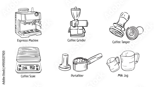 Barista Coffee Tools Sketch Collection Vector Illustration
