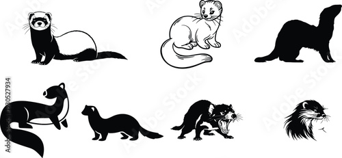Weasel and marten silhouette vector set. Black and white woodland mammal poses in grid layout. Minimalist wildlife illustration isolated on white background.
