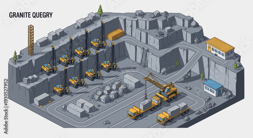 Isometric Granite Quarry with Heavy Machinery and Mining Operations.
