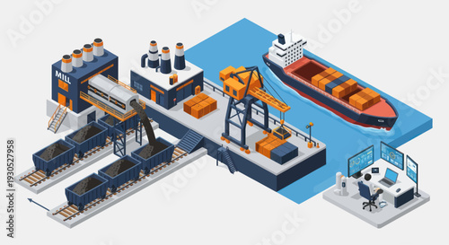 Isometric illustration of a cargo port with ship, cranes, and train for logistics.