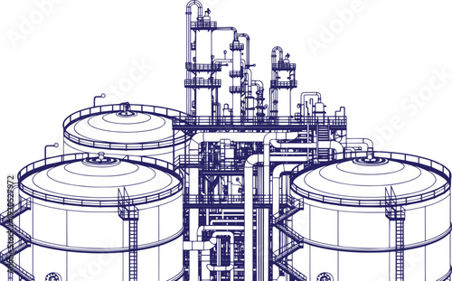 Petrochemical Industrial Complex Vector Line Art – Chemical Processing Factory with Storage Tank Farm and Pipeline Network, Oil and Gas Refinery Manufacturing Facility Black Outline Illustration Isola