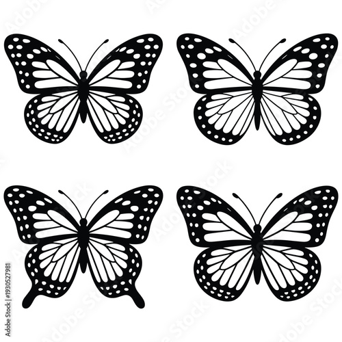 Four Black and White Butterfly Silhouettes on White Background