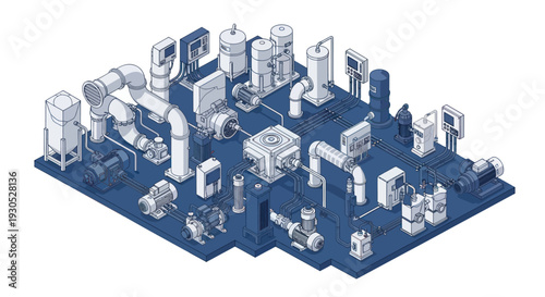 Isometric illustration of a complex industrial piping system with various components.