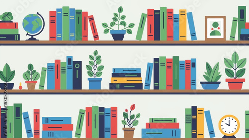 Colorful Bookshelves with Plants, Globe, Clock, and Framed Photos in a Cozy Home Decor Scene.