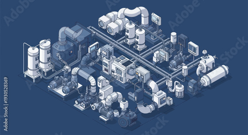 Isometric industrial machinery and piping system for manufacturing processes.