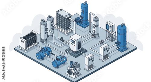 Isometric Industrial Plant with Various Machinery and Equipment.