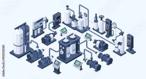 Isometric Industrial Water Treatment Plant System Illustration.