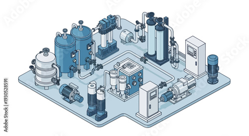 Isometric Industrial Water Treatment Plant Diagram.