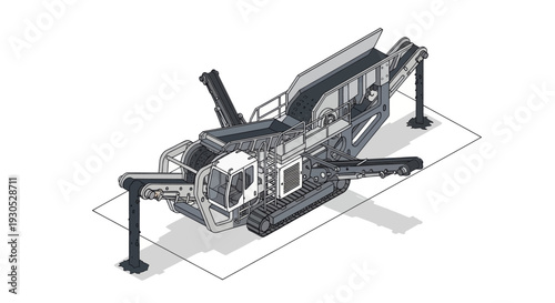 Isometric illustration of a heavy-duty mobile crushing machine with tracks and conveyor belts, designed for industrial material processing.