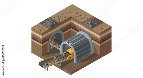 Isometric illustration of a tunnel boring machine (TBM) excavating underground, showing the conveyor belt system for removing debris and the layered soil structure.