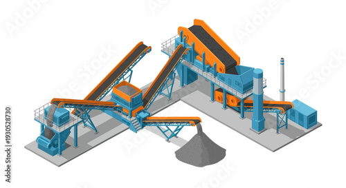 Isometric illustration of an industrial crushing and screening plant with conveyor belts and material piles.