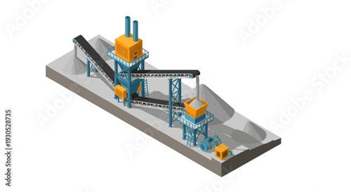 Isometric illustration of an industrial aggregate processing plant with conveyor belts and silos, showcasing material handling and production.