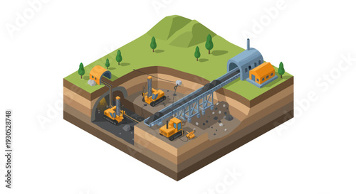 Isometric illustration depicting underground tunnel construction with excavators and drilling machinery, showing earth excavation and material removal.